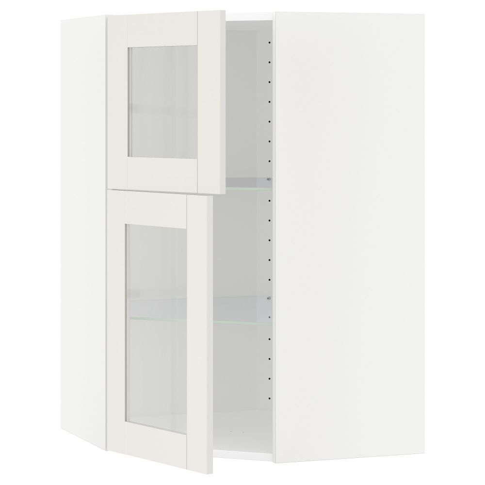 Угловой навесной шкаф + полки, 2 стеклянные дверцы МЕТОД, белый, Сэведаль белый (68x100 см) - схема-чертеж с размерами