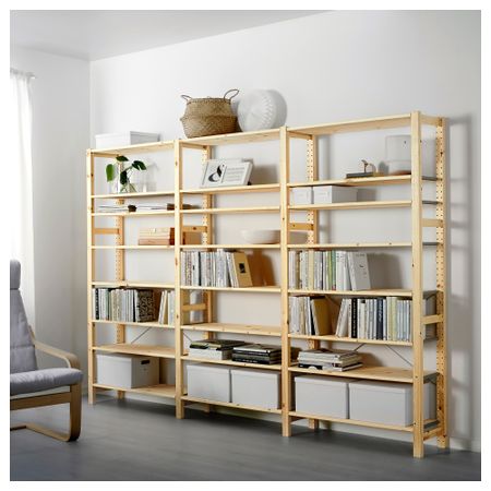 3 секции, полки ИВАР, сосна (259x30x179 см)