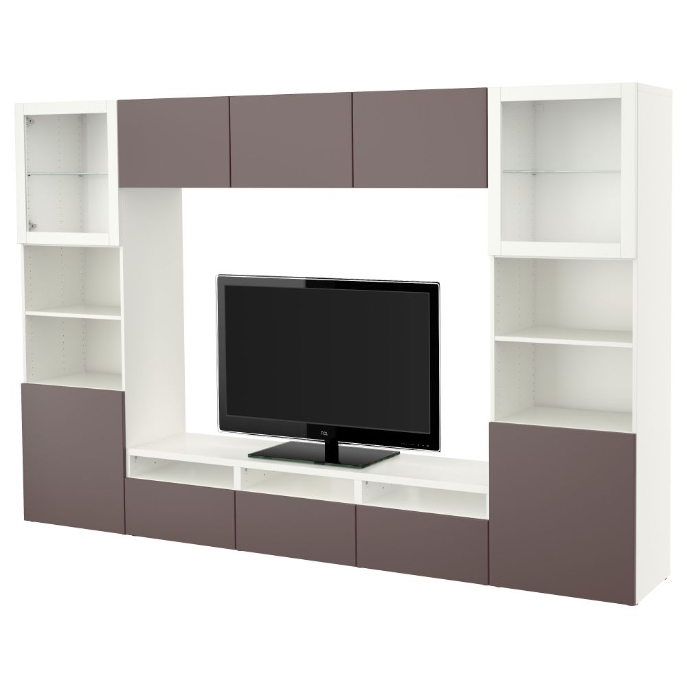 Шкаф для ТВ, комбинированный, стекляные дверцы БЕСТО, белый, Вальвикен темно-коричневый, прозрачное стекло (300x40x192 см) - фото 1