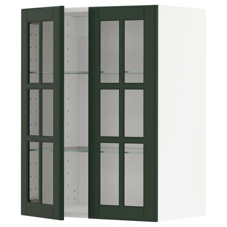 Навесной шкаф с полками, 2 стекло дв, белый/Будбин темно-зеленый 60x80 см IKEA METOD МЕТОД 793.040.27