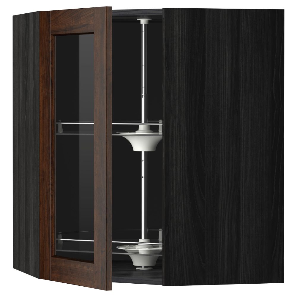 Угловой навесной шкаф с вращающающейся секцией, стеклянными дверцами МЕТОД, черный, Эдсерум коричневый - схема-чертеж с размерами