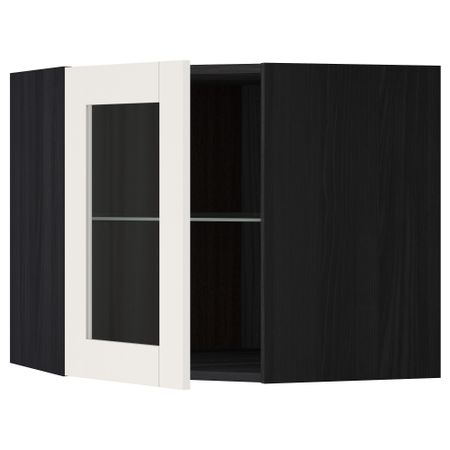 Угловой навесной шкаф с полками, стекляными дверцами МЕТОД, черный, Сэведаль белый