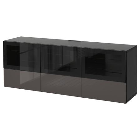 Тумба под ТВ, с дверцами и ящиками БЕСТО, черно-коричневый, Сельсвикен глянцевый/серый прозрачное стекло (180x40x64 см)