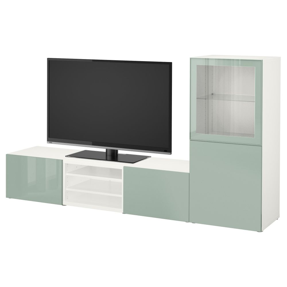Шкаф для ТВ, комбинированный, стекляные дверцы БЕСТО, белый Сельсвикен, глянцевый/серо-зеленый светлый прозрачное стекло - фото 1