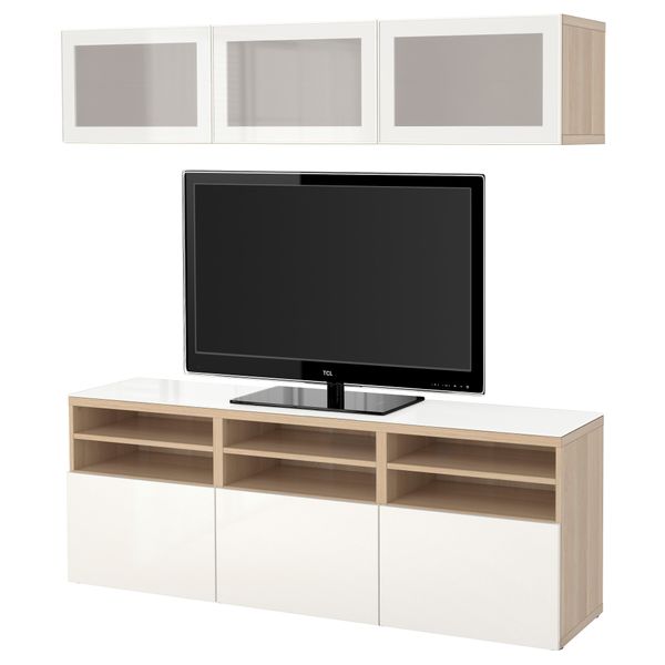 Шкаф для ТВ, комбинированный, стекляные дверцы БЕСТО, под беленый дуб под беленый дуб, Сельсвикен глянцевый/белый матовое стекло - фото 1