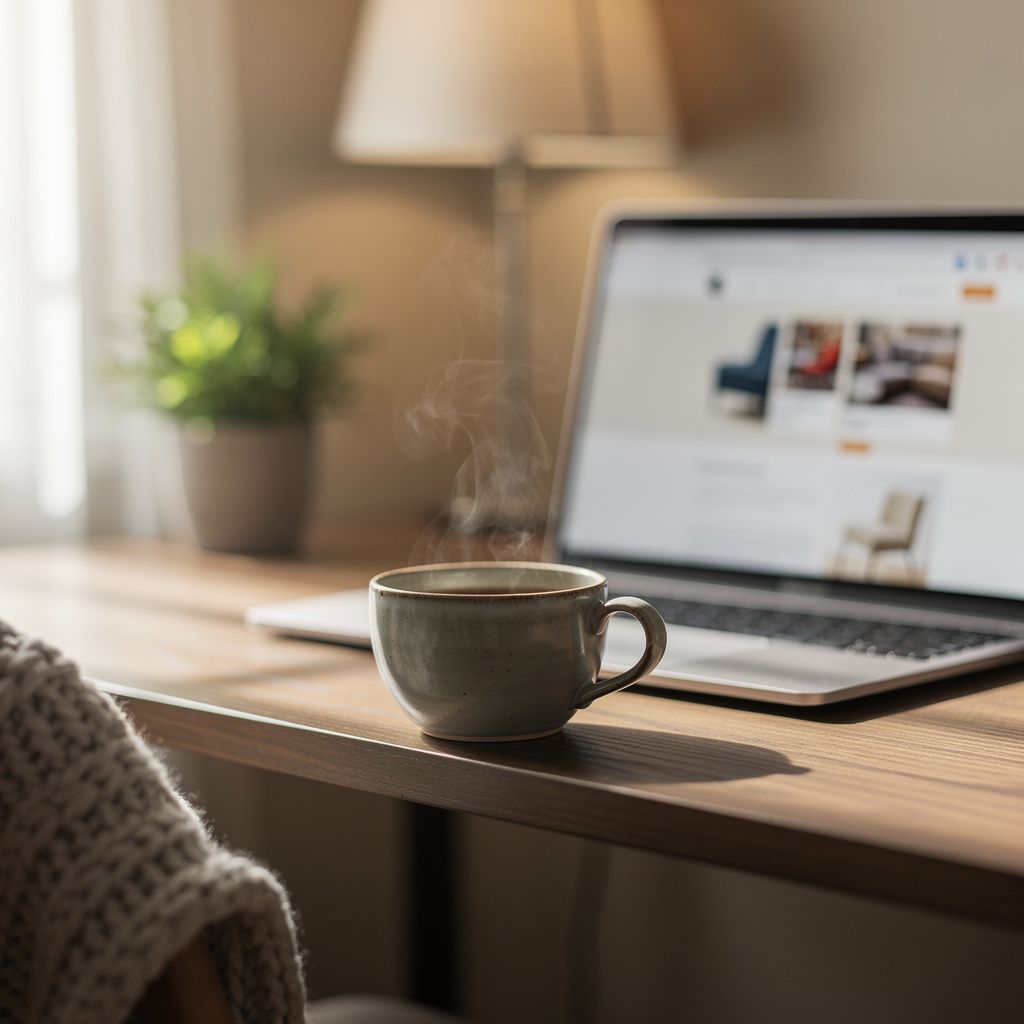 Уютное домашнее рабочее место с ноутбуком и чашкой кофе, на экране открыт сайт интернет-магазина мебели