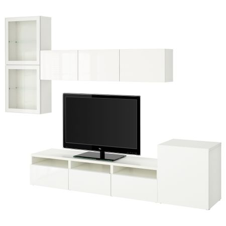 Шкаф для ТВ, комбинированный, стекляные дверцы БЕСТО, белый, Сельсвикен глянцевый/белый прозрачное стекло (300x20/40x211 см)