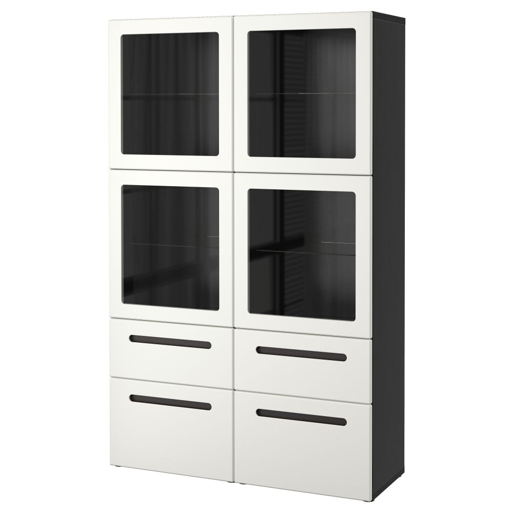 Комбинация для хранения со стеклянными дверцами БЕСТО, черно-коричневый, Марвикен белый прозрачное стекло (120x40x192 см) - фото 1