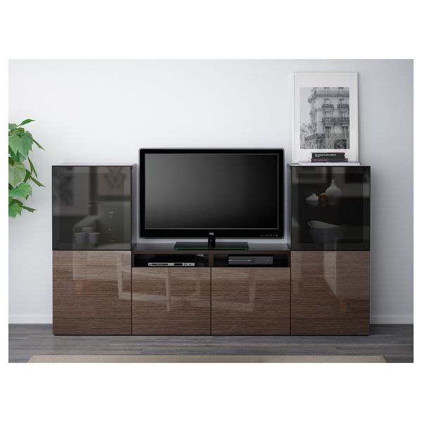 Шкаф для ТВ, комбинированный, стекляные дверцы БЕСТО, черно-коричневый, Сельсвикен глянцевый/коричневый дымчат стекло - фото 2