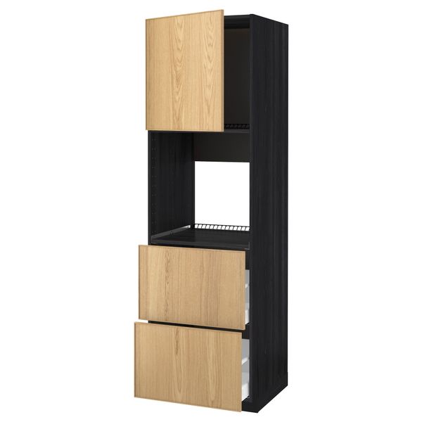 Высокий шкаф для духовки + дверца, 2 форнтальных, 2 высоких ящик МЕТОД / МАКСИМЕРА, черный, Экестад дуб - схема-чертеж с размерами