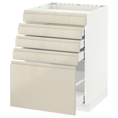 Напольный шкаф для варочной панели/5фасад/4ящ, белый/Воксторп глянцевый светло-бежевый 60x60 см IKEA METOD МЕТОД / MAXIMERA