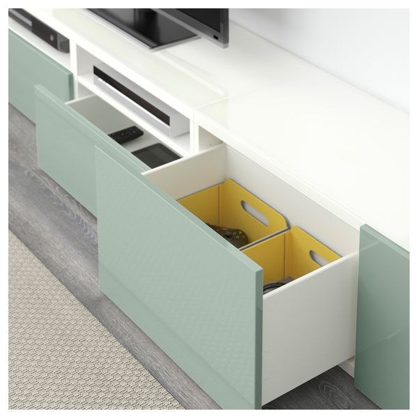 Шкаф для ТВ, комбинированный, стекляные дверцы БЕСТО, белый Сельсвикен, глянцевый/серо-зеленый светлый прозрачное стекло - фото 3