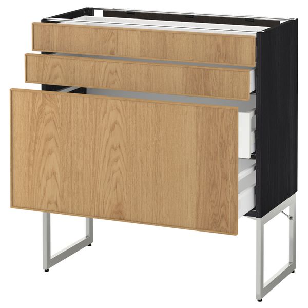 Напольный шкаф 3 фронтальных панели, 2 нижних, 2 средних ящика МЕТОД / МАКСИМЕРА, черный, Экестад дуб - схема-чертеж с размерами