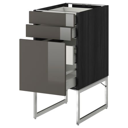 Напольный шкаф 3 фронтальных панели, 2 нижних, 2 средних ящика МЕТОД / МАКСИМЕРА, черный, Рингульт серый