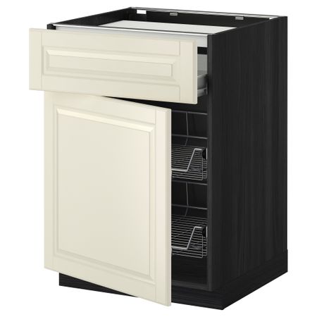 Напольный шкаф для варочной панели, ящик, 2 проволочных корзины МЕТОД / ФОРВАРА, черный, Будбин белый с оттенком (60x60 см)