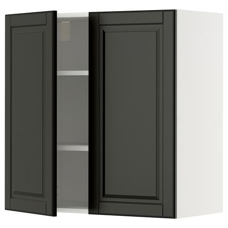 METOD Навесной шкаф с полками/2дверцы - белый/Bodbyn чёрный 80x80 см
