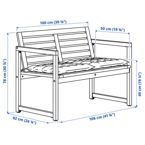 NÄMMARÖ Скамья со спинкой и подушками - схема-чертеж с размерами