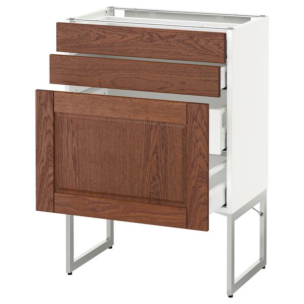 Напольный шкаф 3 фронтальных панели, 2 нижних, 2 средних ящика МЕТОД / МАКСИМЕРА, белый, Филипстад коричневый - схема-чертеж с размерами