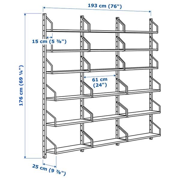 Комбинация полок, бамбук 193x25x176 см IKEA SVALNÄS СВАЛЬНЭС 792.051.12 - схема-чертеж с размерами