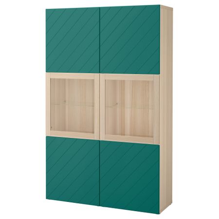 Комбинация для хранения со стеклянными дверцами БЕСТО, под беленый дуб Халлставик, сине-зеленый прозрачное стекло (120x40x192
