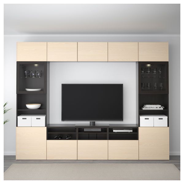 Шкаф для ТВ, комбинированный, стекляные дверцы БЕСТО, черно-коричневый Инвикен, ясеневый шпон прозрачное стекло (300x40x230 см) - фото 2