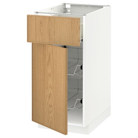 Напольный шкаф с проволочной корзиной, ящиком, дверью МЕТОД / ФОРВАРА, белый, Экестад дуб