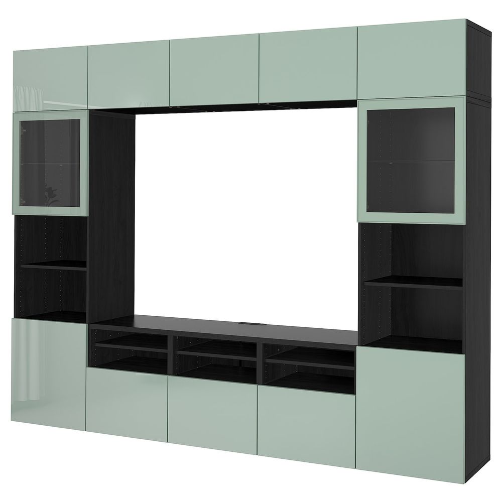 Шкаф для ТВ, комбинированный, стекляные дверцы, черно-коричневый Сельсвикен, глянцевый/серо-зеленый светлый прозрачное стекло, - фото 1