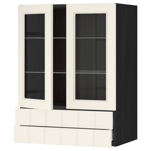 Навесной шкаф, 2 стеклянные дверцы, 2 ящика МЕТОД / МАКСИМЕРА, черный, Хитарп белый с оттенком - схема-чертеж с размерами