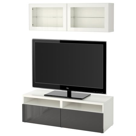 Шкаф для ТВ, комбинированный, стекляные дверцы БЕСТО, белый, Сельсвикен глянцевый/серый прозрачное стекло (120x20/40x166 см)
