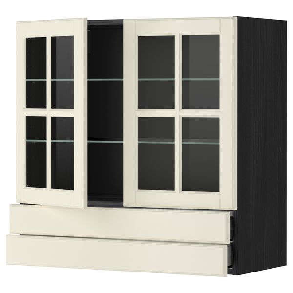 Навесной шкаф, 2 стеклянные дверцы, 2 ящика МЕТОД / МАКСИМЕРА, черный, Будбин белый с оттенком - фото 1