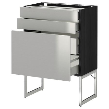 Напольный шкаф 3 фронтальных панели, 2 нижних, 2 средних ящика МЕТОД / МАКСИМЕРА, черный, Гревста нержавеющ сталь