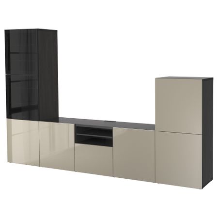 Шкаф для ТВ, комбинированный, стекляные дверцы БЕСТО, черно-коричневый, Сельсвикен глянцевый/бежевый прозрачное стекло