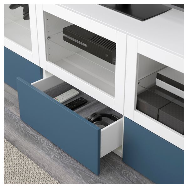 Тумба под ТВ, с дверцами и ящиками БЕСТО, белый Вальвикен, темно-синий прозрачное стекло (180x40x64 см) - фото 4