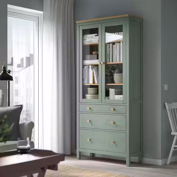 HEMNES Шкаф-витрина с 3 ящиками - серо-зеленый/светло-коричневая морилка 90x197 см - фото 2