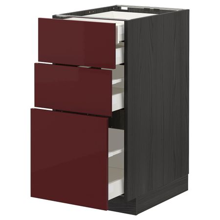 Напольный шкаф 3 фронтальные панели, 2 низких, 1 средний, 1 встроенный ящ, черный Калларп/глянцевый темный красно-коричневый