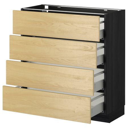 Напольный шкаф 4 фронтальных панели, 4 ящика МЕТОД / МАКСИМЕРА, черный, Тингсрид береза