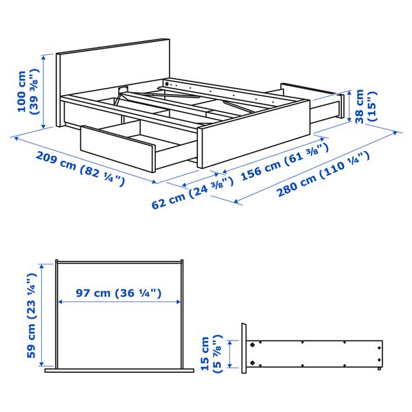 Каркас кровати с 4 ящиками, синий, Lönset, 140x200 см IKEA MALM МАЛЬМ 695.599.86 - схема-чертеж с размерами