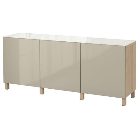 Комбинация для хранения с дверцами БЕСТО, под беленый дуб, Сельсвикен глянцевый/бежевый (180x40x74 см)