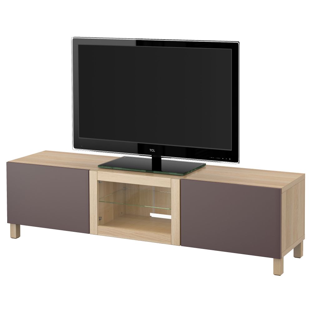 Тумба под ТВ с ящиками и дверцей БЕСТО, под беленый дуб, Вальвикен темно-коричневый, прозрачное стекло (180x40x48 см) - фото 1