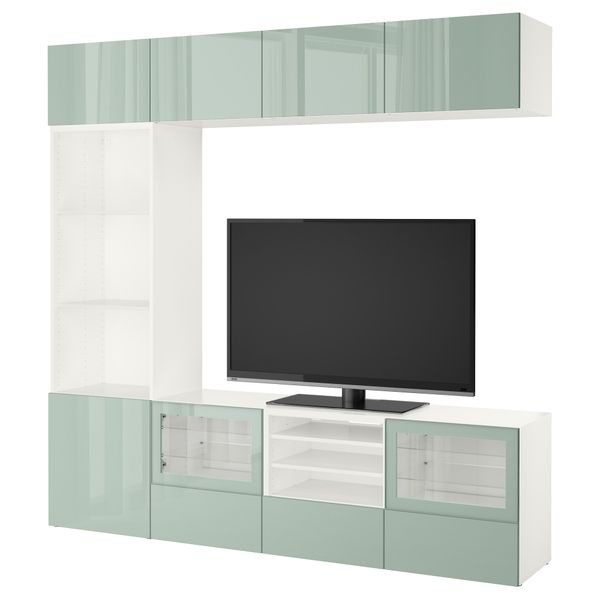 Шкаф для ТВ, комбинированный, стекляные дверцы БЕСТО, белый Сельсвикен, глянцевый/серо-зеленый светлый прозрачное стекло - фото 1