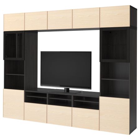 Шкаф для ТВ, комбинированный, стекляные дверцы БЕСТО, черно-коричневый Инвикен, ясеневый шпон прозрачное стекло (300x40x230 см)