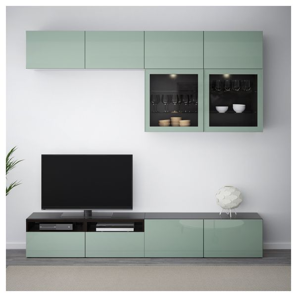 Шкаф для ТВ, комбинированный, стекляные дверцы БЕСТО, черно-коричневый Сельсвикен, глянцевый/серо-зеленый светлый прозрачное - фото 2