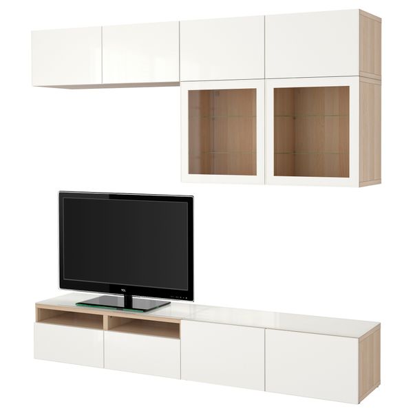 Шкаф для ТВ, комбинированный, стекляные дверцы БЕСТО, под беленый дуб, Сельсвикен глянцевый/белый прозрачное стекло (240x40x230 - фото 1