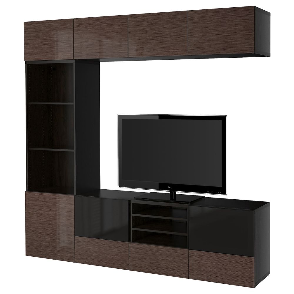Шкаф для ТВ, комбинированный, стекляные дверцы, черно-коричневый/Сельсвикен глянцевый, коричневый дымчат стекло 240x40x230 см - фото 1