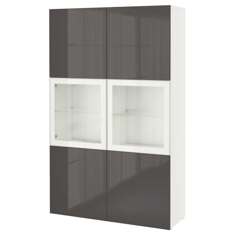 Комбинация для хранения со стеклянными дверцами БЕСТО, белый, Сельсвикен глянцевый/серый прозрачное стекло (120x40x192 см) - фото 1