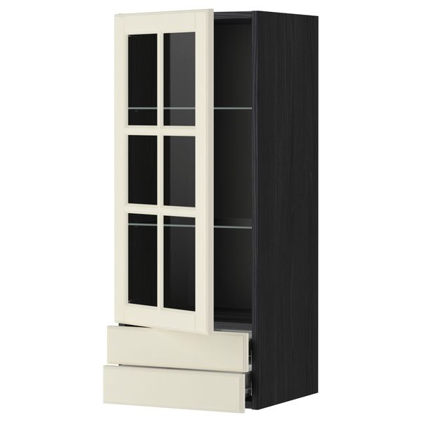 Навесной шкаф, стеклянная дверца, 2 ящика МЕТОД / ФОРВАРА, черный, Будбин белый с оттенком - фото 1