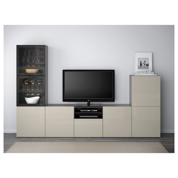 Шкаф для ТВ, комбинированный, стекляные дверцы БЕСТО, черно-коричневый, Сельсвикен глянцевый/бежевый прозрачное стекло - фото 2