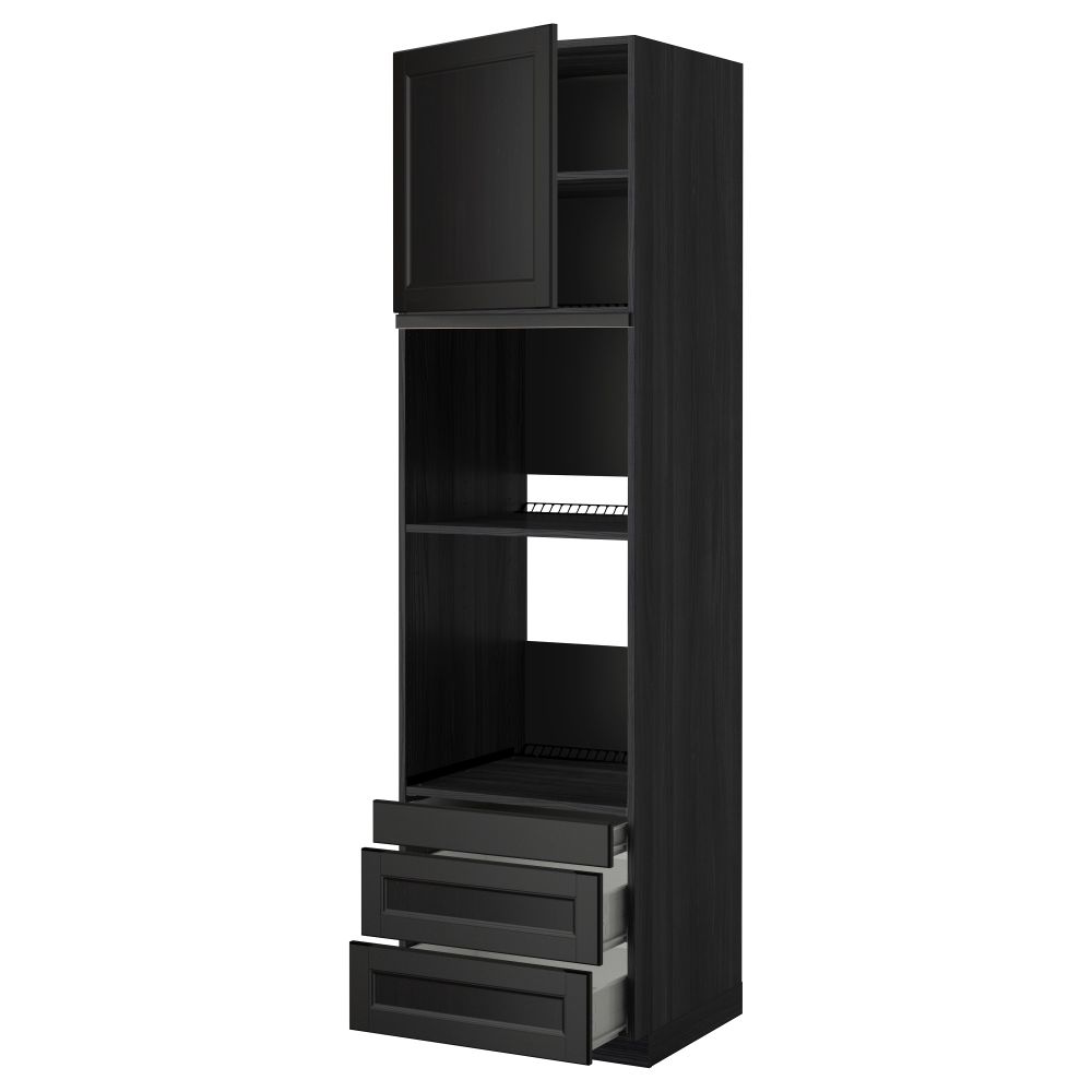 Высокий шкаф для духовки комбинированный, духовка + дверца, 3 ящика МЕТОД / ФОРВАРА, черный, Лаксарби черно-коричневый - фото 1