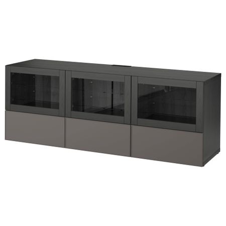 Тумба под ТВ, с дверцами и ящиками БЕСТО, черно-коричневый Грундсвикен, темно-серый прозрачное стекло (180x40x64 см)