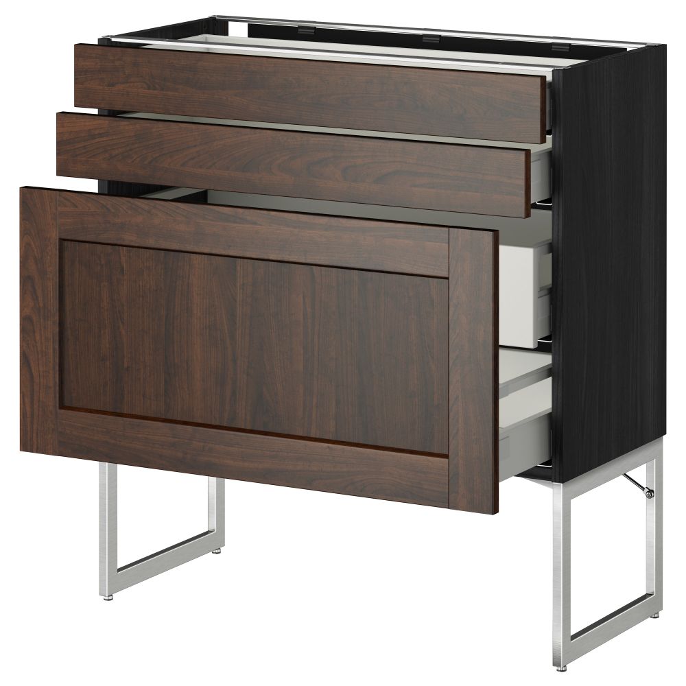 Напольный шкаф 3 фронтальных панели, 2 нижних, 2 средних ящика МЕТОД / МАКСИМЕРА, черный, Эдсерум коричневый - схема-чертеж с размерами